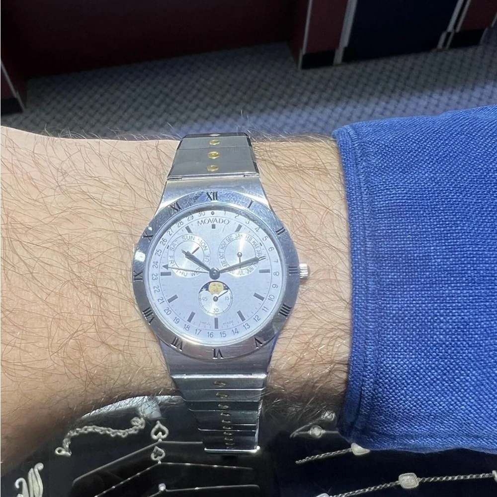 RARE Movado Triple Date Calendar  Watch 80-84-860V81 32mm W/ Original Box & Card